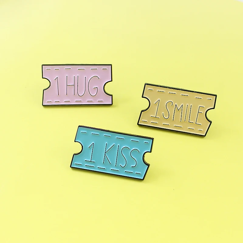 

1 SMILE,1 HUG,1 KISS Placard Slogan Brooch Simple Pink yellow and Blue Enamel Pins Valentine's Day Jewelry Rectangle Brooches