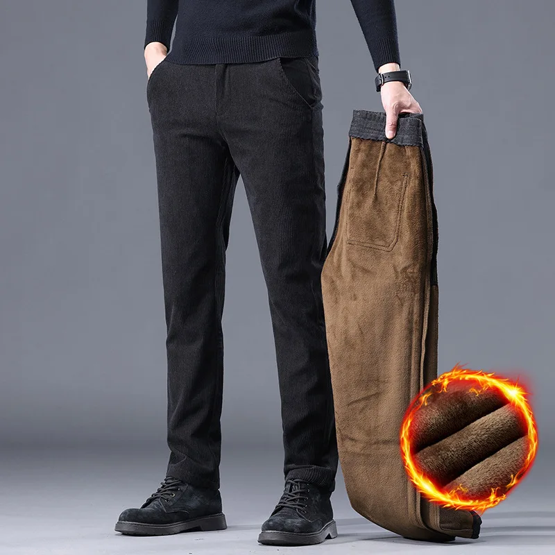 Winter Warm Casual Pants Men's High Quality Straight Slim Fleece Trousers Thicken Warm Business Work Pants Fashion Men Trousers