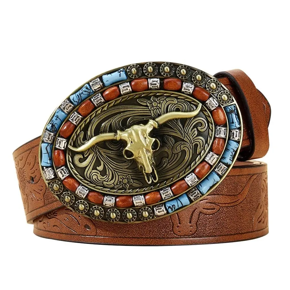 Fashion PU Leather Western Cowboy Belts Vintage Luxury Waistband Belts Floral Engraved Buckle Designer Leather Belt Pants