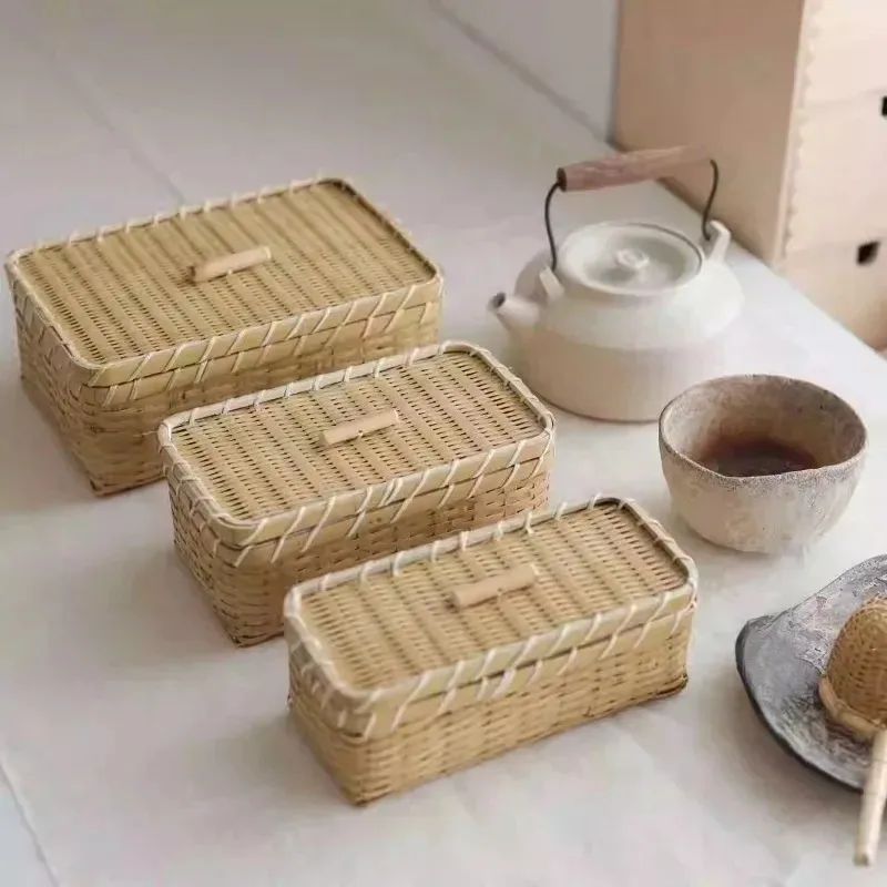Handmade Bamboo Woven Storage Box, Natural Tea Set and Dessert Serving Tray, Eco-Friendly Outdoor Lunch Basket for Picnic