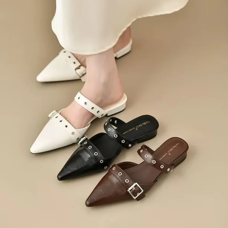 2026 New Metal Buckle Rivet Pointed Toe Women's Heels Summer Fashion Closed Toe Casual Non Slip Women Shoes  