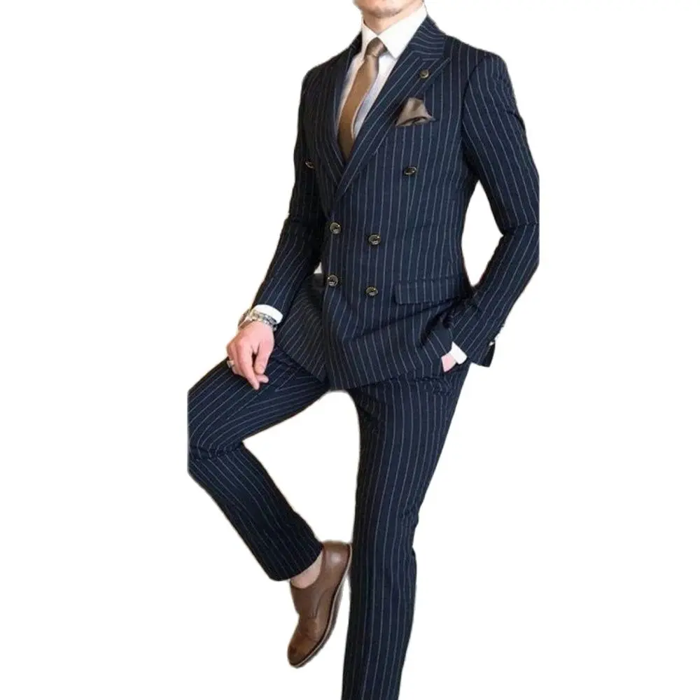 Chic Pinstripe Suits for Men Fashion Peak Lapel Double Breasted Two Piece Elegant Business Office Work Formal Male Suit 2024