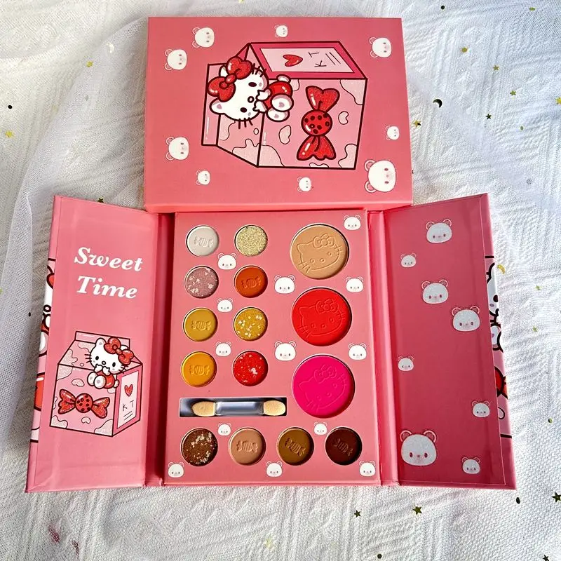 HELLO KITTY 15 Colors Eye Shadow Palette Matte Blush Highlights Exquisite Student Girl Mak Up Prop Kawaii Cosmetic Birthday Gift