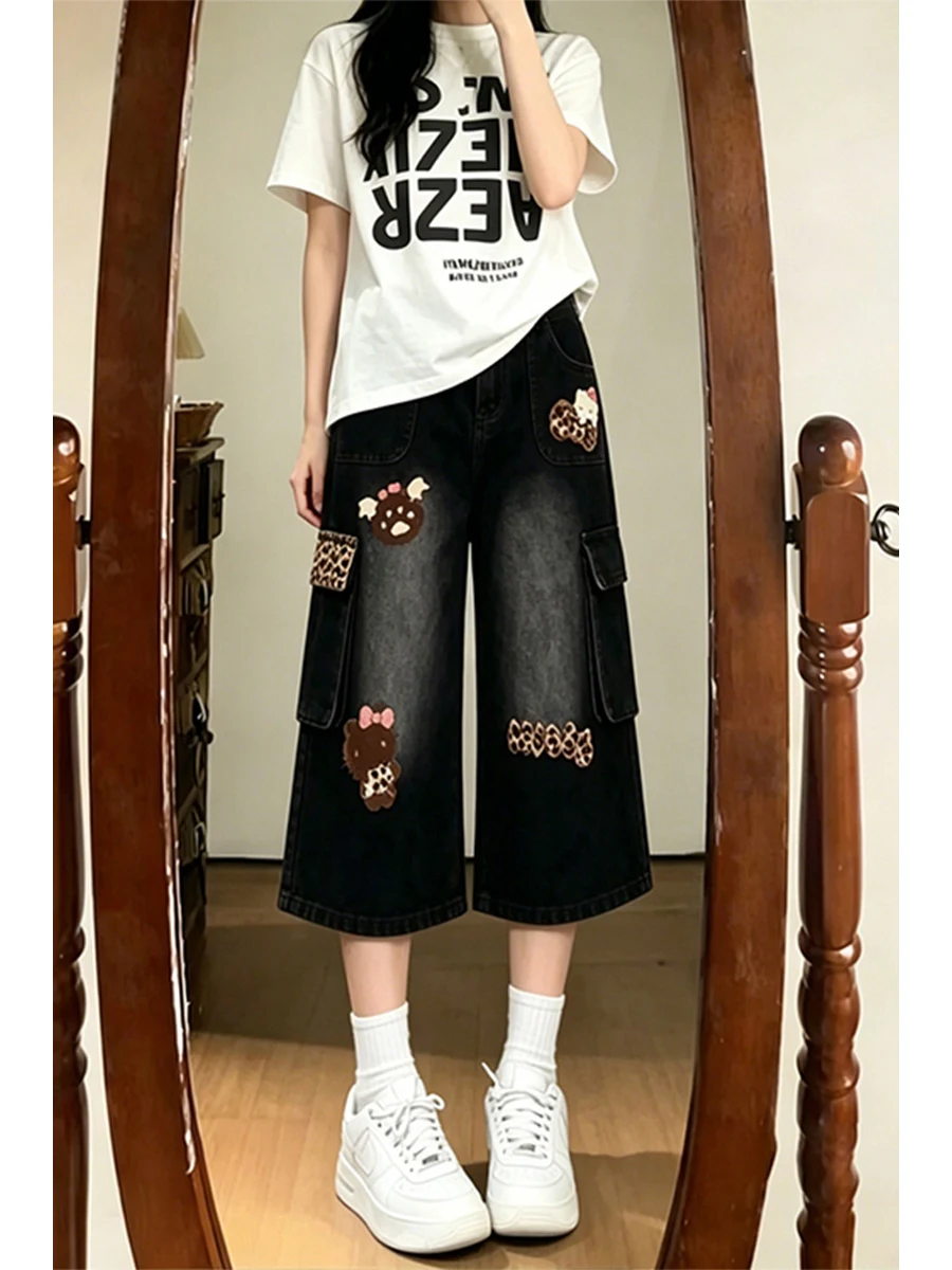 Black Retro Embroidered Denim Seven-Foot Pants Women's High Waist Loose Slimming Workwear Wide Leg Medium-Length Shorts
