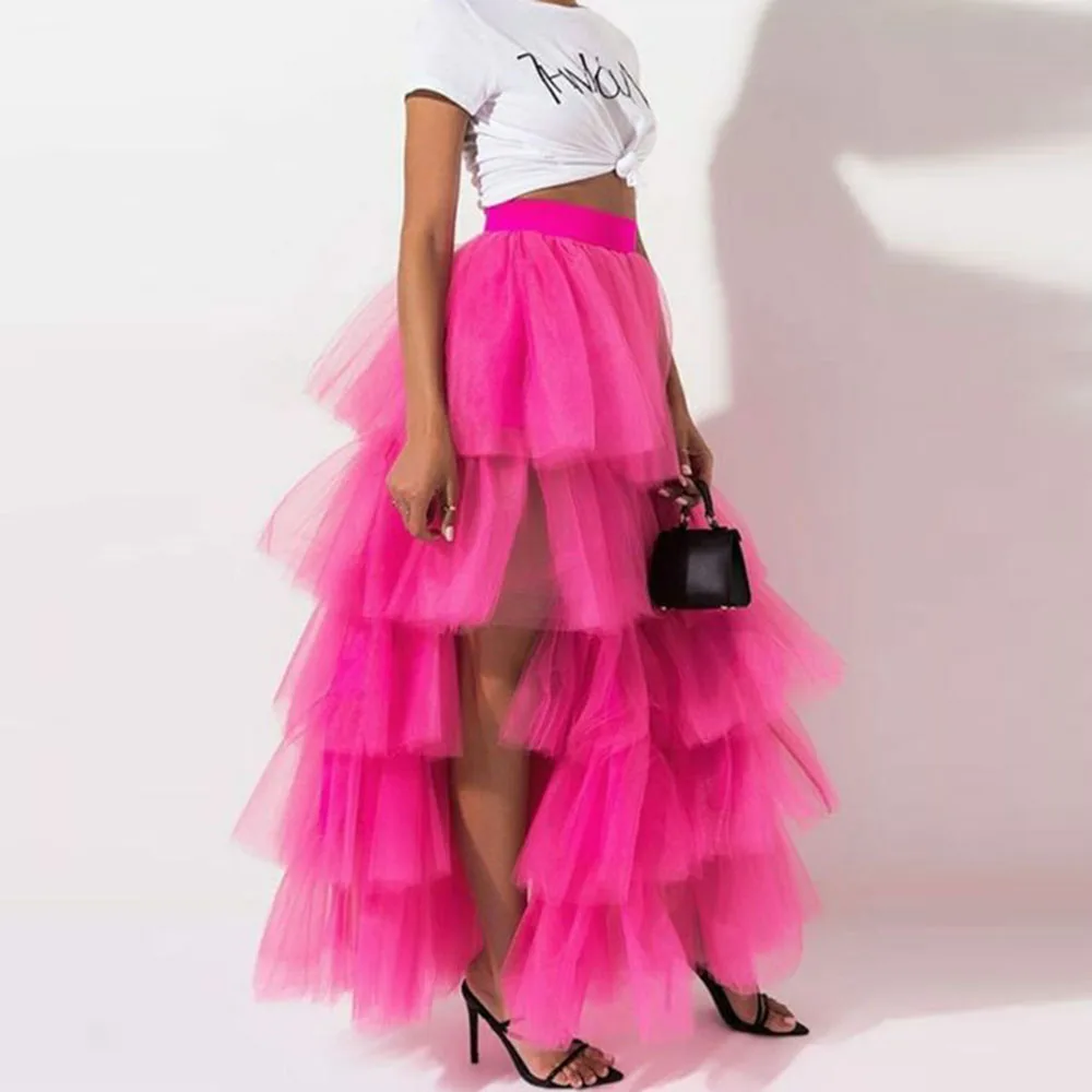 

Gorgeous Tiered Skirts Girls Birthday Party Tutu Skirt Fuchsia Puffy Tulle Saias For Lady High Split Prom Party Formal Wear