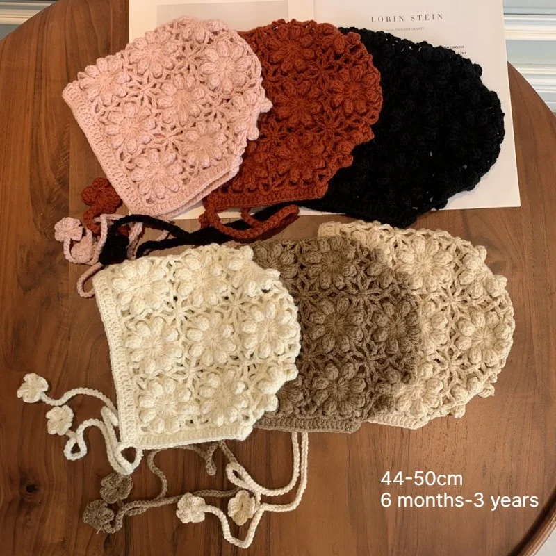 Baby Hat 44-50cm Handmade Knitted Earflap Hat Girls Kid Beanie Autumn Winter Children Wool Cap Windproof Cold Proof Princess Hat