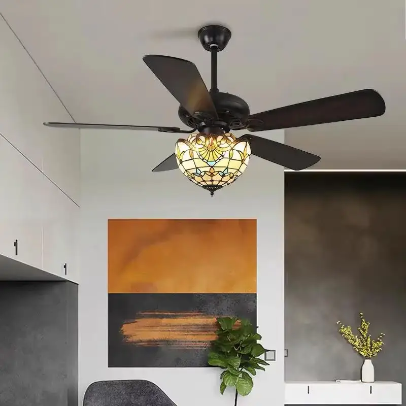 42 52 Inches Tiffany Style Ceiling Fan With Light Wood Blades Remote Control Led 3 Color 24W Industrial Fans Lamp With Lights
