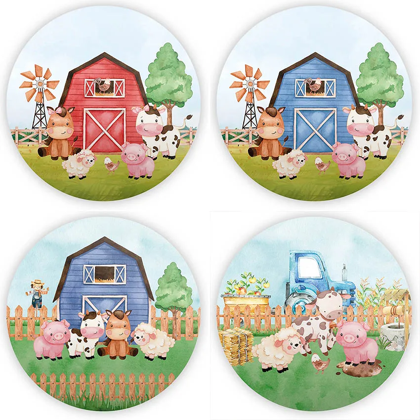 

Mehofond Background Farm Fence Cartoon Animals Kids Birthday Party Baby Shower Decor Backdrop Cover Round Circle Photo Studio