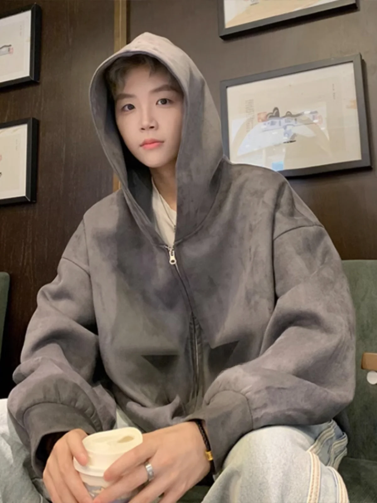 

Винтажная мужская толстовка-кардиган на молнии с капюшоном, весна-осень, американский ретро-стиль, плотность 500 г, молодежная мода