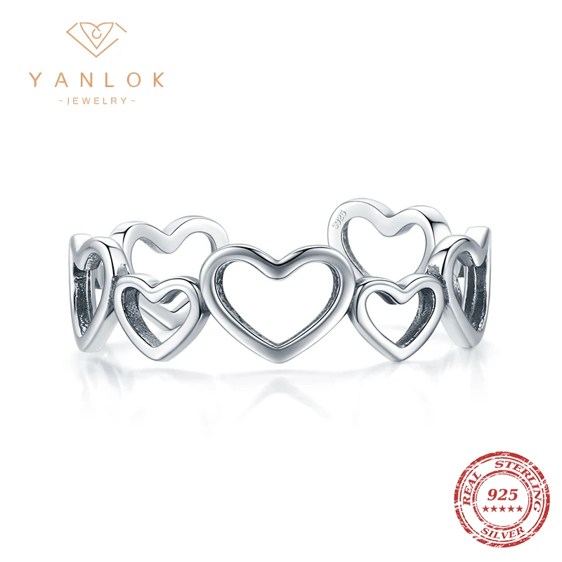 YANLOK Minimalist Design 925 Sterling Silver Irregular Hollow Heart Opening Adjustable Finger Ring for Women Vintage Jewelry