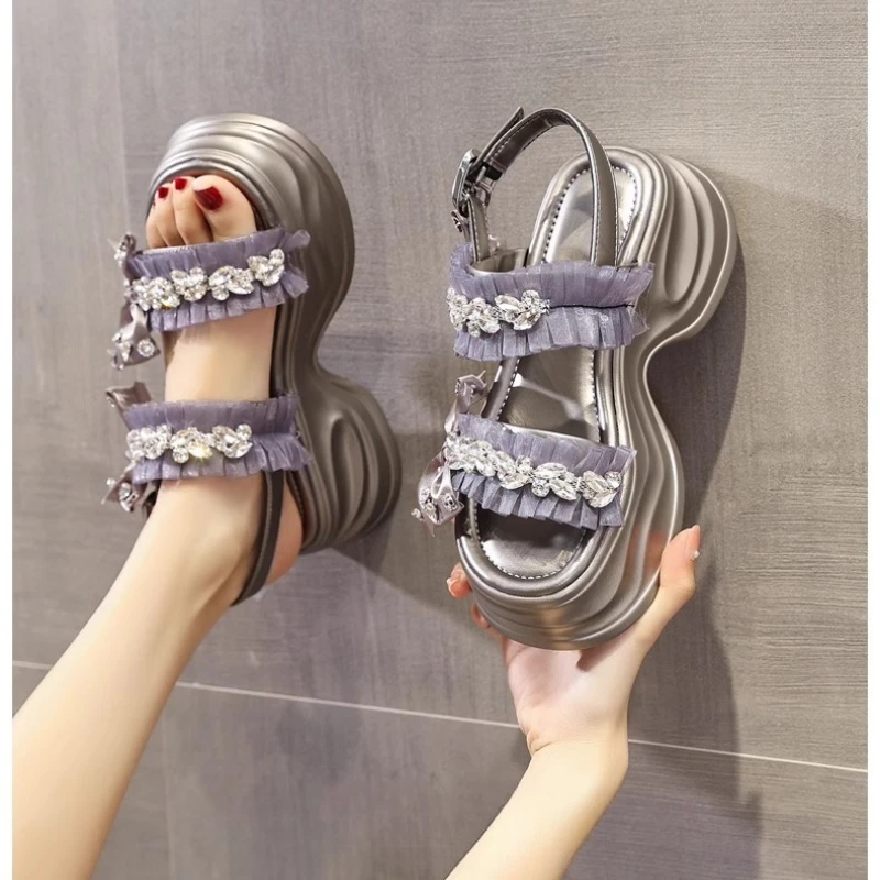 Sandały na grubej podeszwie z kokardą i dżetami, letnie, nowe, ażurowe, oddychające, uniwersalne, na koturnie, idealne na plażę, fajne buty.