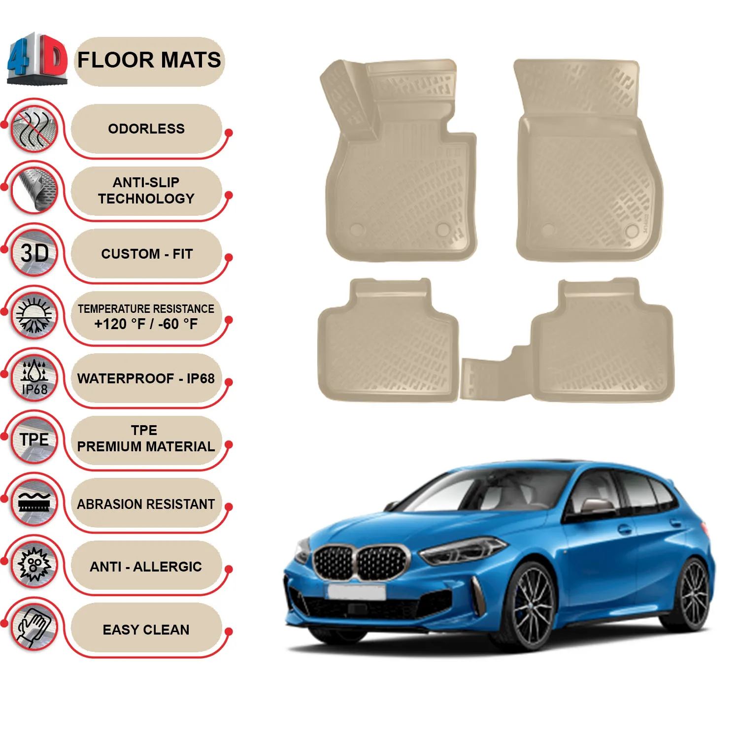 BMW 1F40- (2019-2022) Floor Mats Liner Waterproof 3D - (Beige)