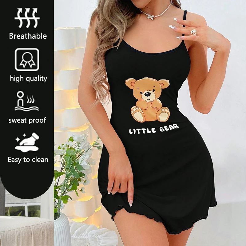 Girls Summer Romper With Suspenders Sleeveless O-Neck Pajamas Short Dress Pajamas Cartoon Bear Print Cute Thin Soft Breathable