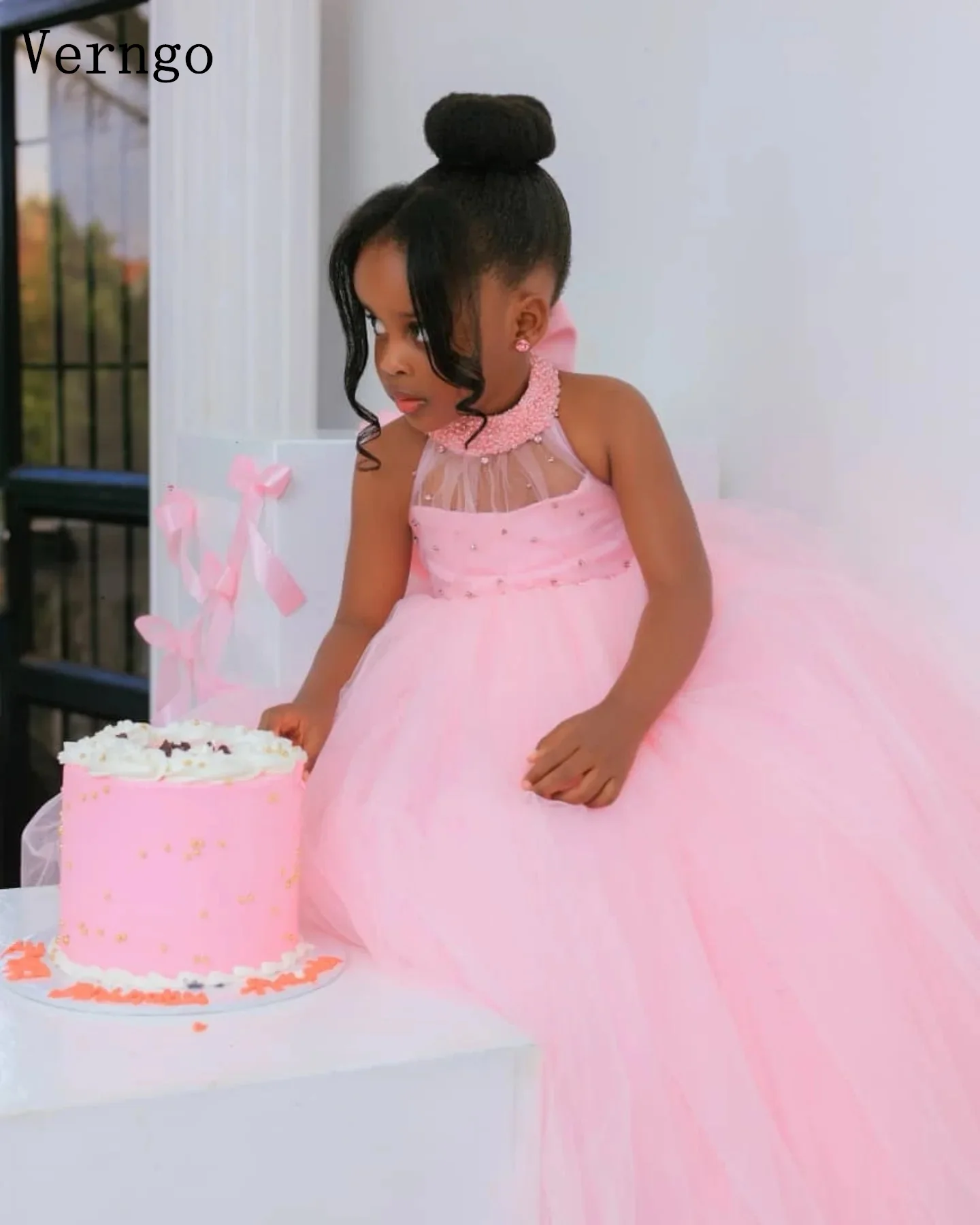 Verngo Pink Tulle Girl Flowers Dress Appliques Halter A Line Maxi Brithday Party Dress Backless Kid Prom Gown Customized