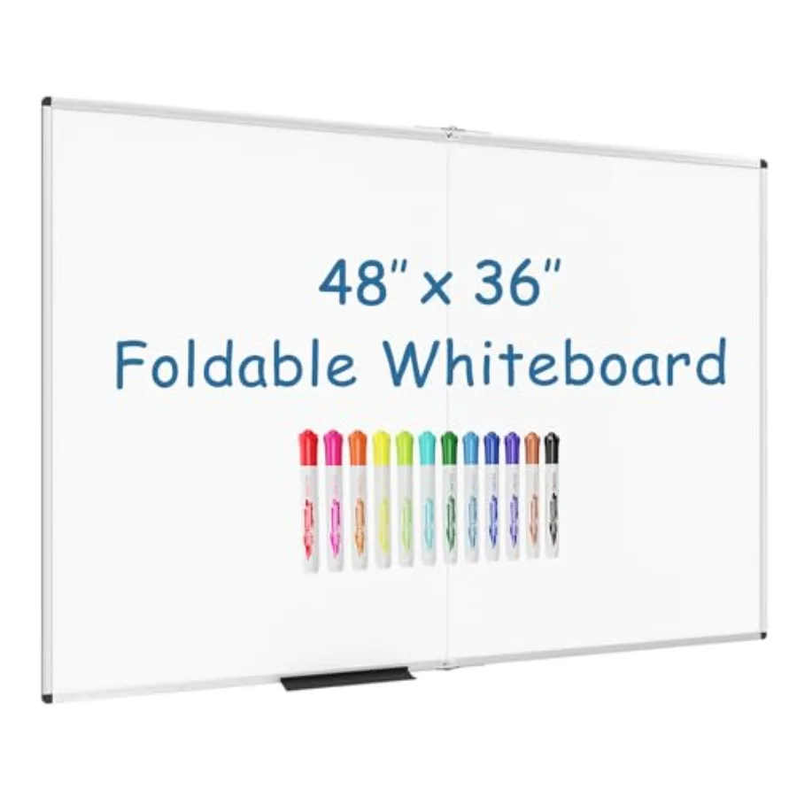 

Dry Erase White Board/Magnetic Foldable Whiteboard, 48 X 36 Inches, Silver Aluminium Frame, with 12 Colored Whiteboard Pens