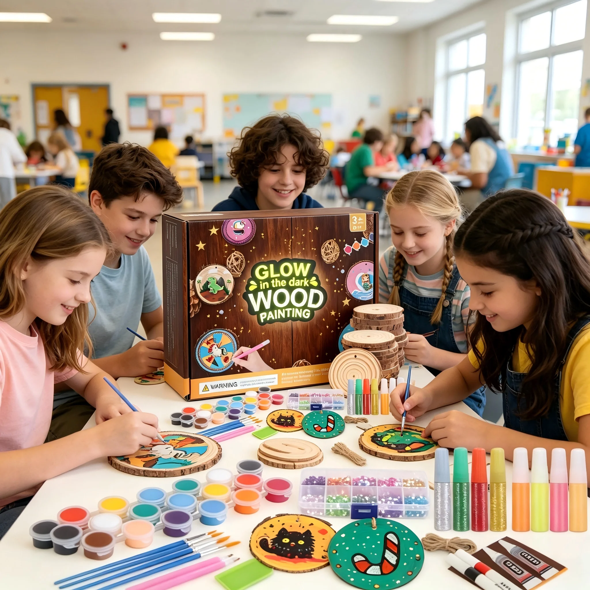 Glow in Dark Wooden Slices Painting Kits DIY Wood Craft Set with Paint Brushes Rhinestones Art Drawing Supplies Creative Gift
