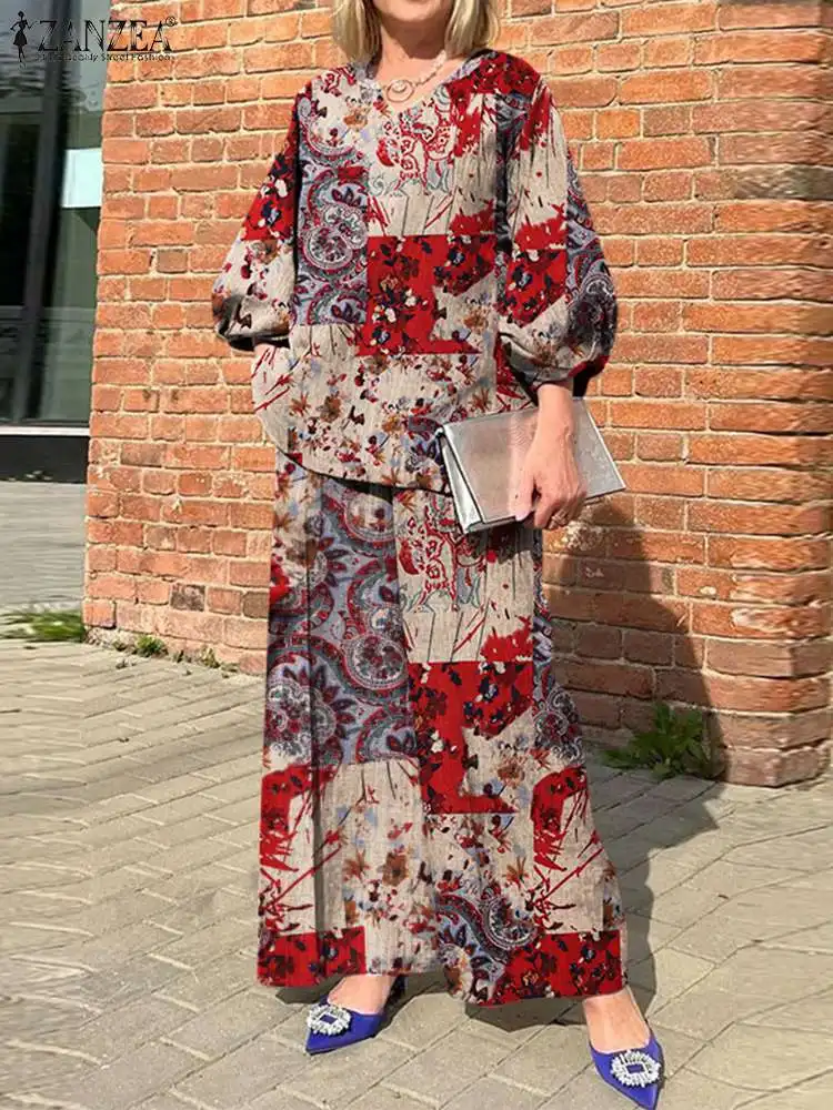 2024 ZANZEA Women Fashion Bohemian Matching Sets Casual Printed 2pcs Suits 3/4 Sleeve Tops Tracksuit Autumn Wide Leg Pant Sets