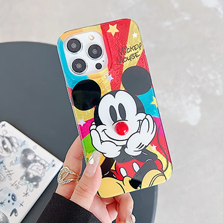 Cool Kleurrijke Mickey Minnie Mouse Telefoonhoesje Voor Iphone 16 15 14 Plus 13 11 Pro Max X Xs Xr 8 7 Veren Textuur Harde Hoes