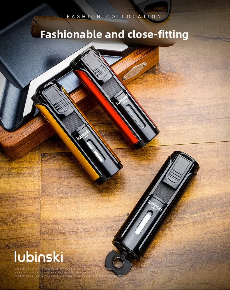 

LUBINSKI Zinc Alloy Cigar Lighter Blue Flame Five Dash High Pressure Jet Technology With Cigar Diamond Outdoor Windproof Lighter