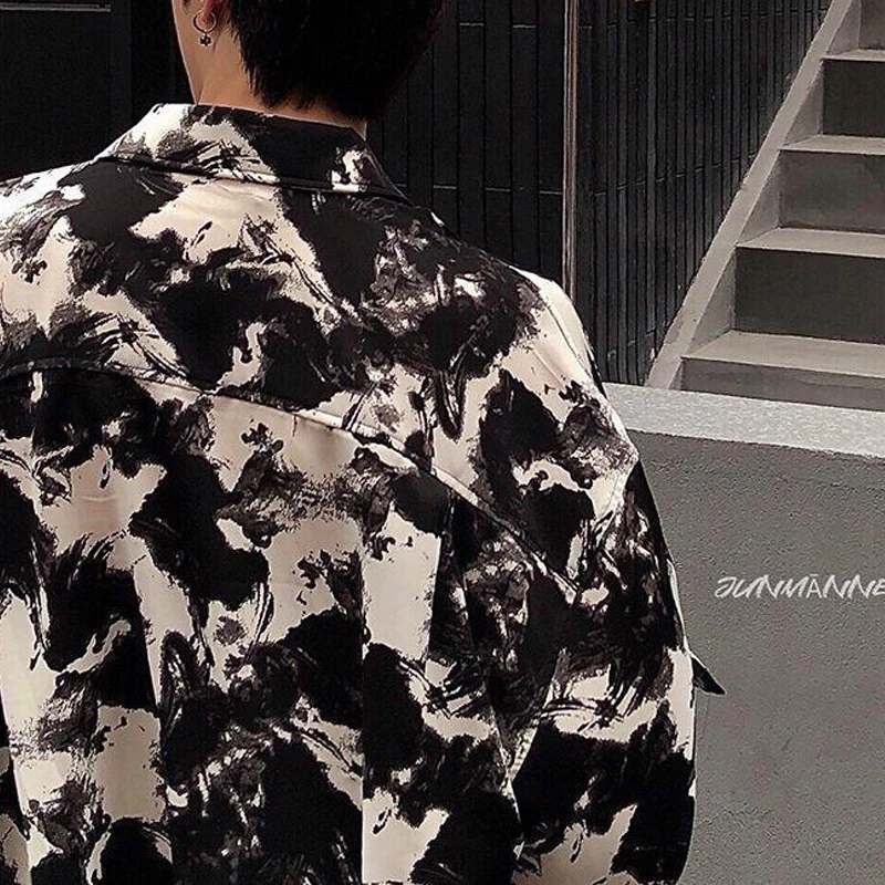 Men Clothing Spring Korean Fashion Vintage Ink Painting High Street Shirt Casual Lapel Long Sleeve Loose Tops Camisas De Hombre