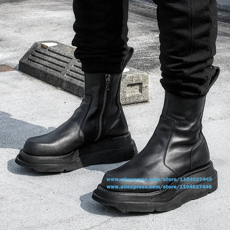 Platform Thick-soled Boots Men Black Zipper Mid-calf Round Toe Motorcycle Boot Mens's Genuine Leather Heightened Males Shoes