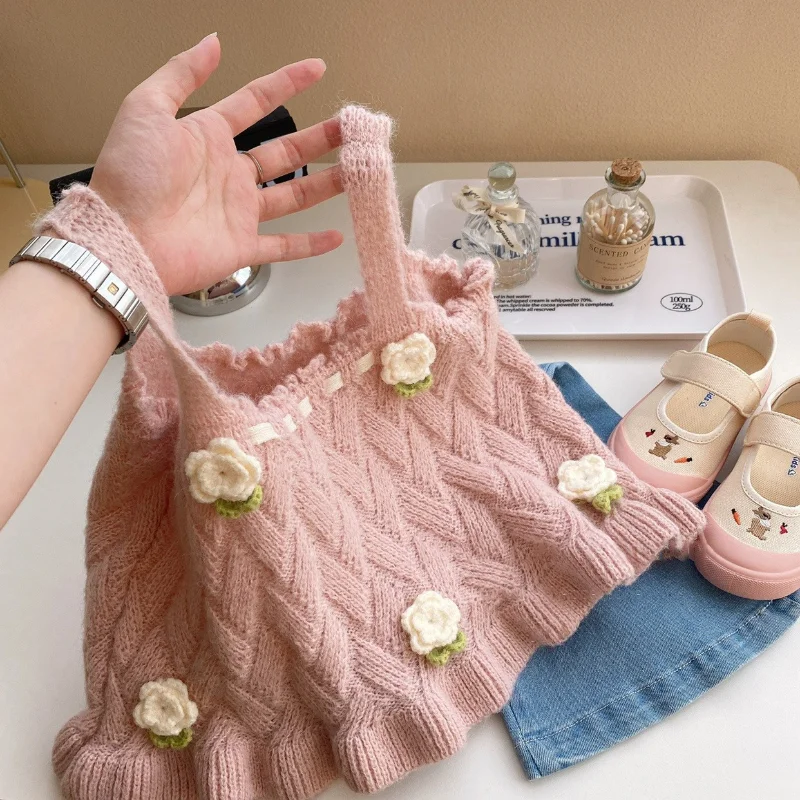 Korean Children Vest for Girls Fashion Vintage Floral Knitted Sweater Vest Toddler Girl Cute Sweater Vest Kawaii Waistcoat