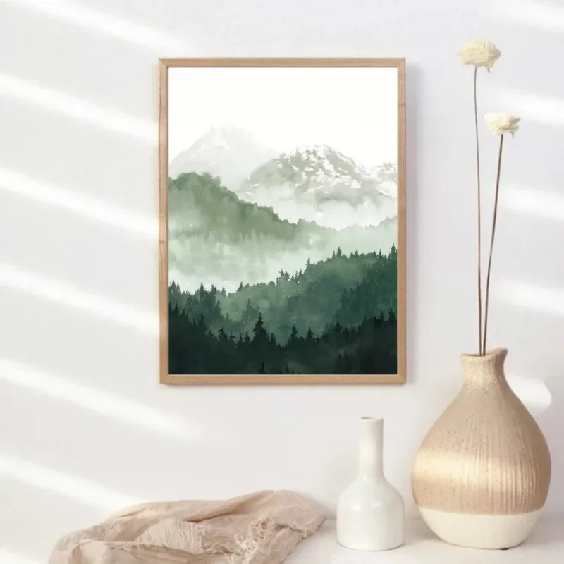 1pc frameless Canvas Painting Forest Lake Foggy Misty Pine Tree Mountain Landscape Minimalist Wall Art Print Canvas Painting Pos