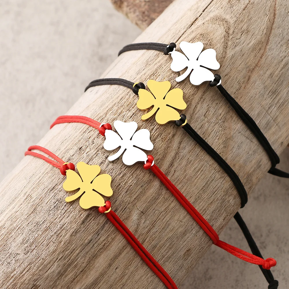 

Charm Bracelet Jewelry for Women Lucky Gold Color Stainless Steel Clover Flower Leaf Handmade Woven Rope Friendship Adjust Gift