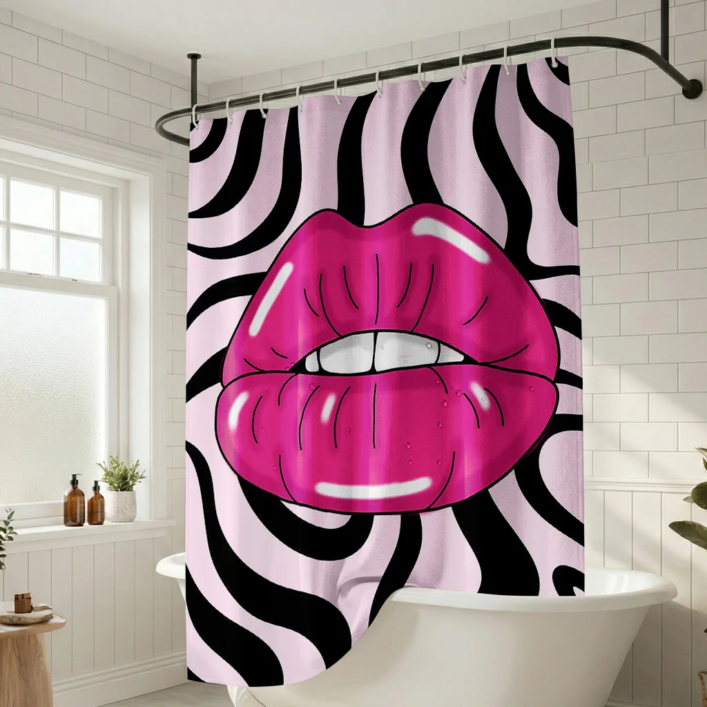 

Stylish Pink Lips Shower Curtain - Creative Black Wave Line Art Design - Indoor Home Bathroom Decor Artistic Bath Curtain