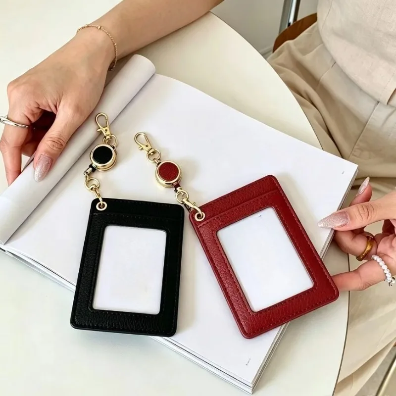 Fashion PU Leather Card Holders Set Women Men Student Retractable Badge Reel ID Card Holder Cover Case Nurse Badge Lanyards
