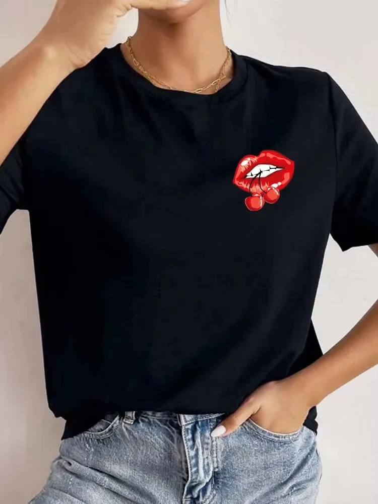 

Women's Casual Harajuku Fashion Cherry Lips Print Sleeves Female Summer Sleeved Harajuku Streetwear Tops Tees Aesthetic Clothes