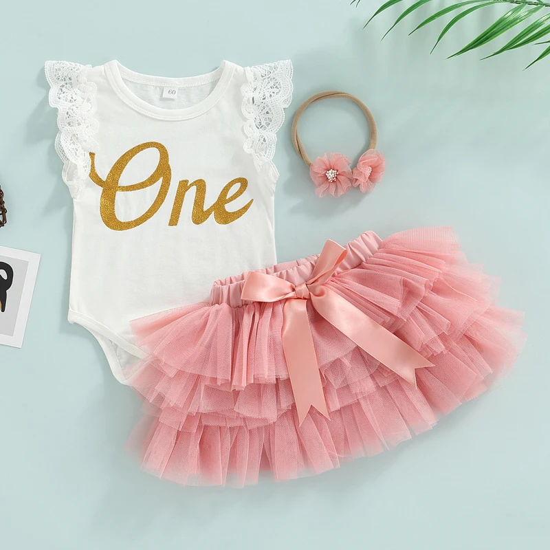

Baby Girl’s 3 Piece Suit Fashion Letter Lace Fly Sleeve Romper and Bow Gauze Short Skirt & Headband