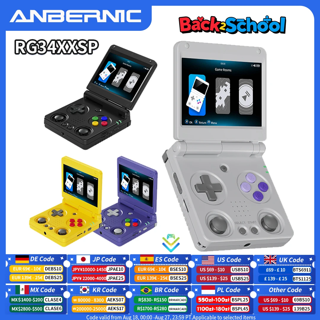 ANBERNIC RG34XXSP وحدة تحكم ألعاب محمولة قابلة للطي بشاشة 3.4 بوصة IPS Linux 64 بت 64G 5000+ ألعاب تدعم WIFI HDMI TV Output Streaming