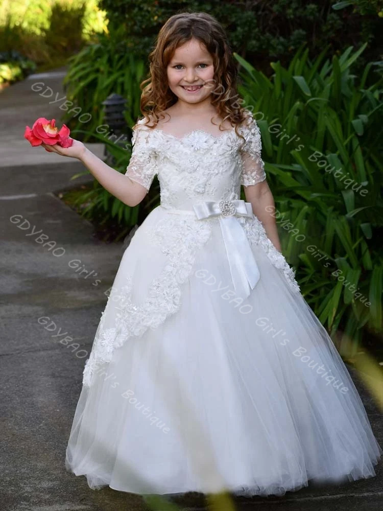 

White Mini Bridal Wedding Dress for Flower Girls Appliqued Tulle First Holy Communion Dress Short Sleeve with Beaded Bow Custom