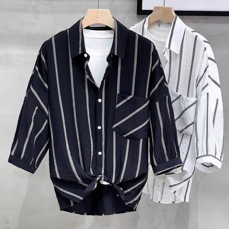 Extra Large Size Ice Silk Vertical Striped High-end Shirt Men's Short-sleeved Hong Kong Style Trendy Loose Casual Shirt Summer