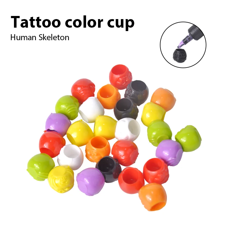 POSEIDON 200PCS Plastic Disposable Tattoo Ink Cups With Base Skull Daruma Cup Tattoo Accessory Permanent Makeup for  Artists