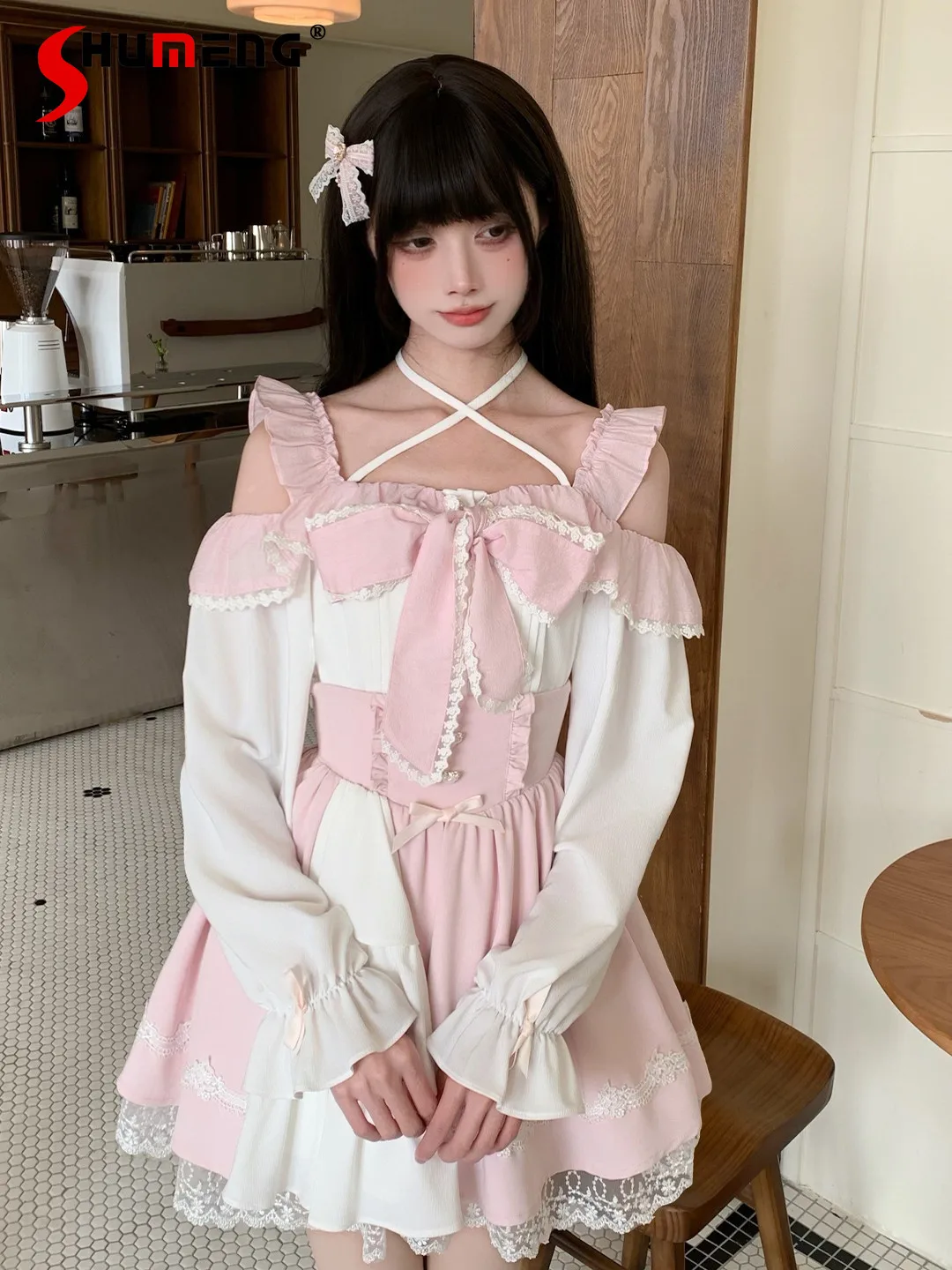 

2-piece Set Women's Matching Sets Clothes Spring New 2026 Sweet Girl's Cute Bow Off-Shoulder Long-Sleeve Shirt and Skirt Set