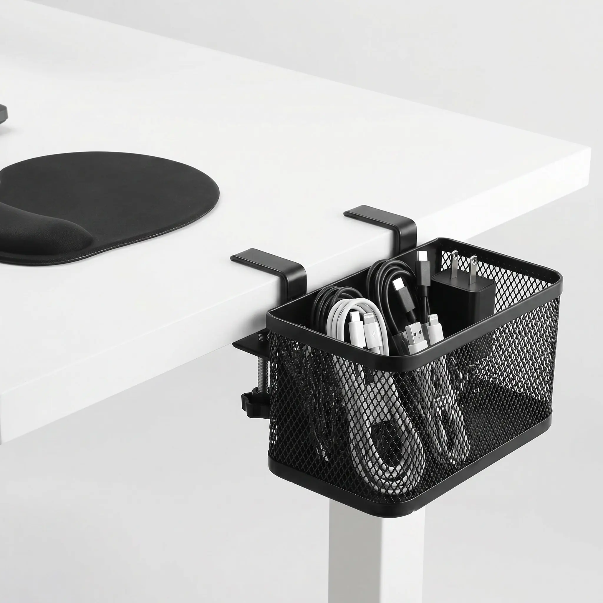 Under Desk Clamp on Organizer Basket Desktop Storage Shelf for Office Home School Cable Tray Cord Management File Pen Holder No
