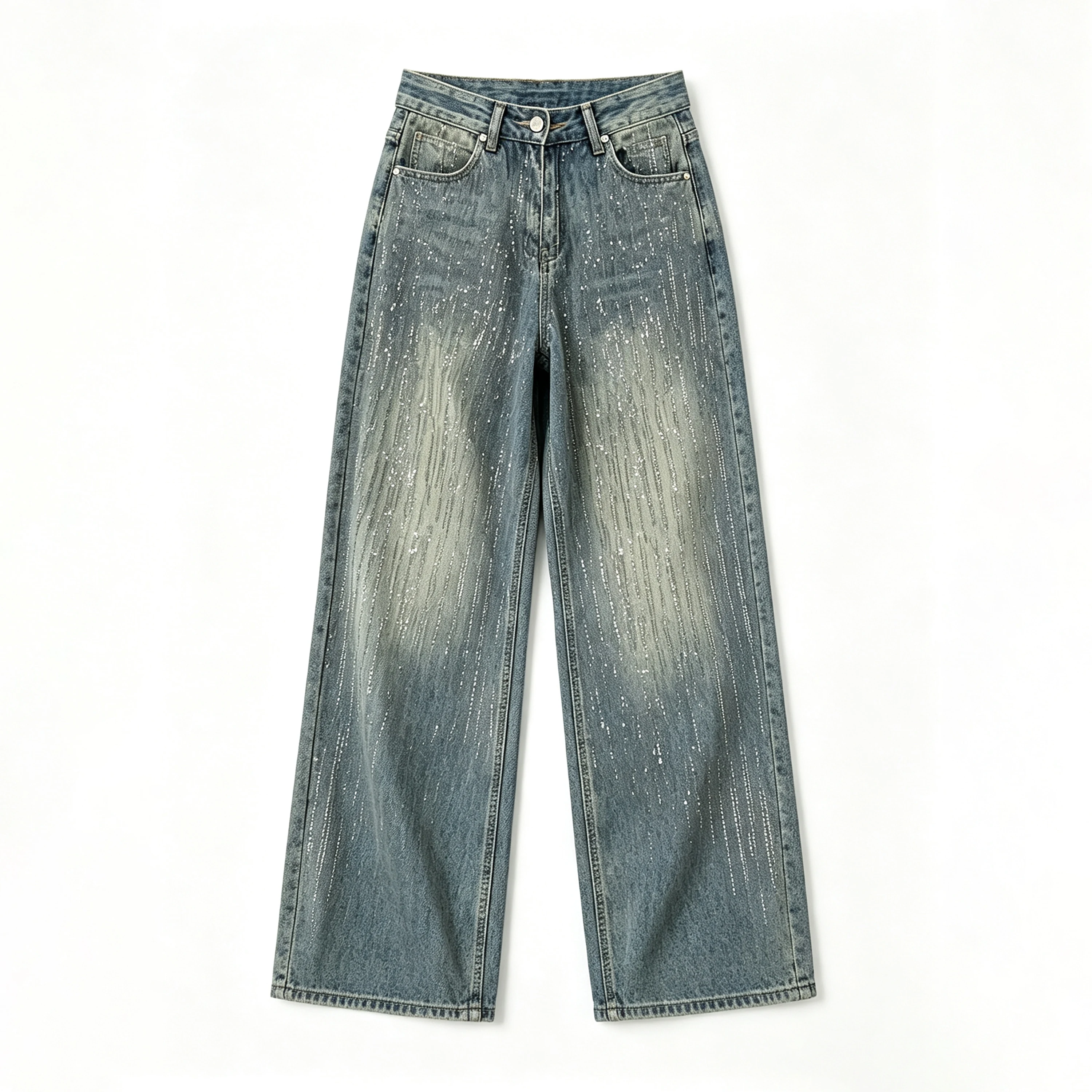 European-Style Design Multi Star Bright Diamond Denim Pants Suitable for Summer Streetwear Y2K Shiny Wide-Leg Floor-Length Pants
