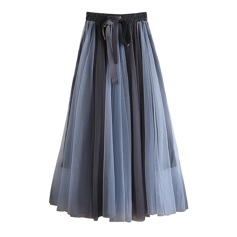 

New In Color Blocking Lace-Up Tulle Long Skirts For Women Spring Summer High Waisted A-Line Mesh Korean Fashion Chic Tutu Skirt