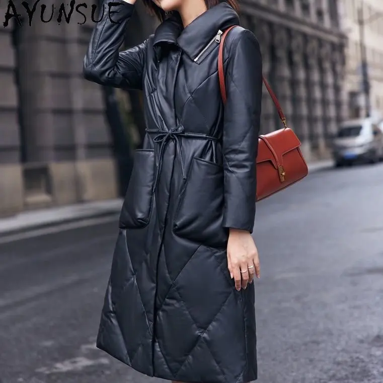 Ayunsue 2023 Winter echte Schaffell Mantel 90% weiße Enten Daunen jacke Frauen mittellange warme Lederjacken lange Daunen mäntel Outwear