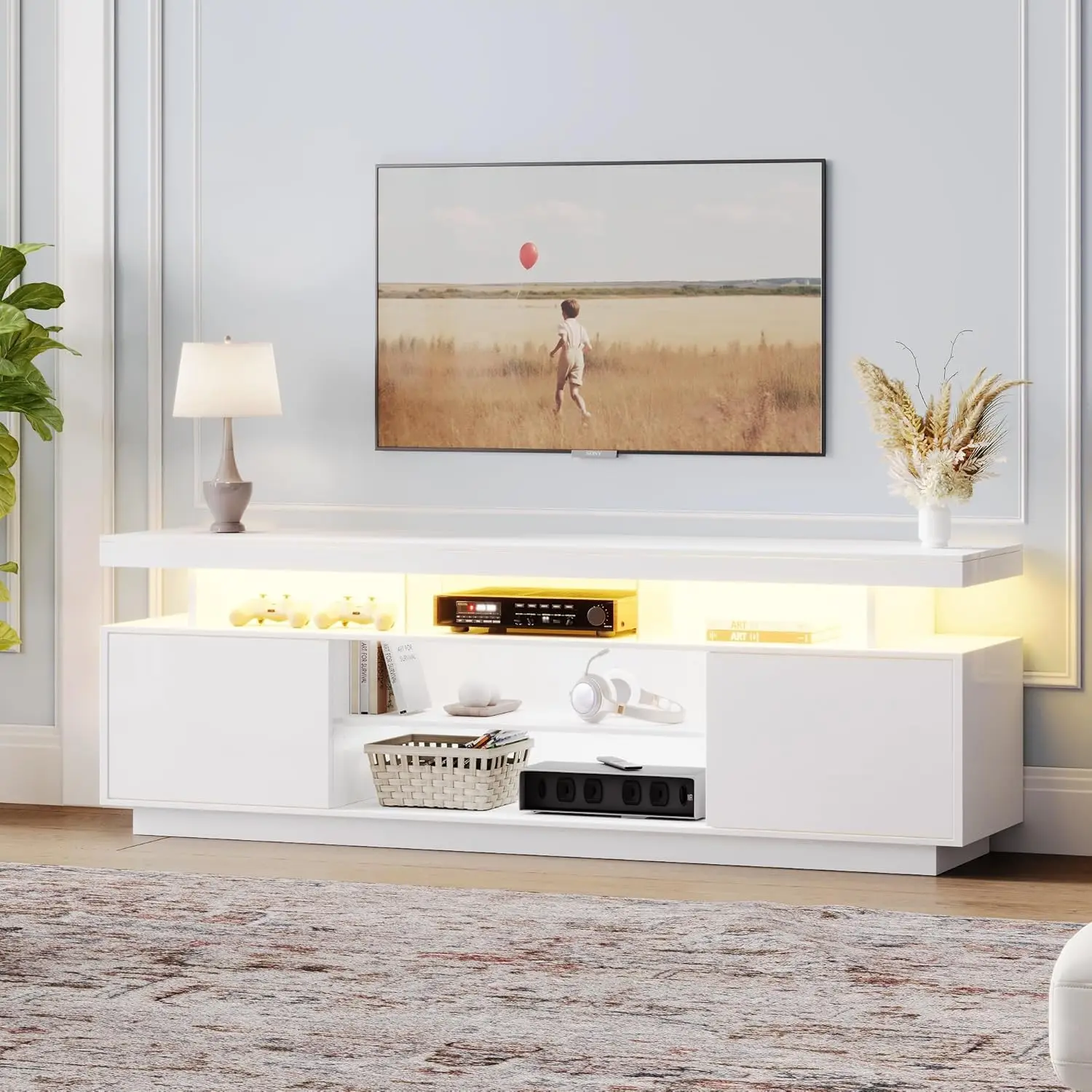 Modern LED TV Stand for 50-65 Inch TV, High Glossy Center with 2 Cabinets & 5 Shelves for Living Room, White, Customized