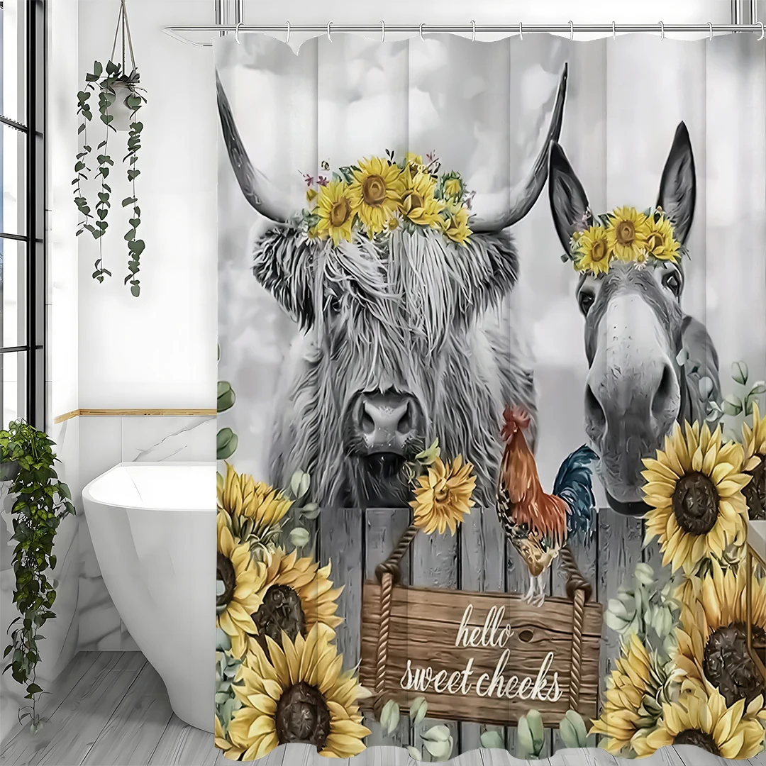

Занавеска для душа «Подсолнух Хайлендская корова и ослик», декоративная занавеска для душа для ванной комнаты, водонепроницаемая занавеска для душа с крючками