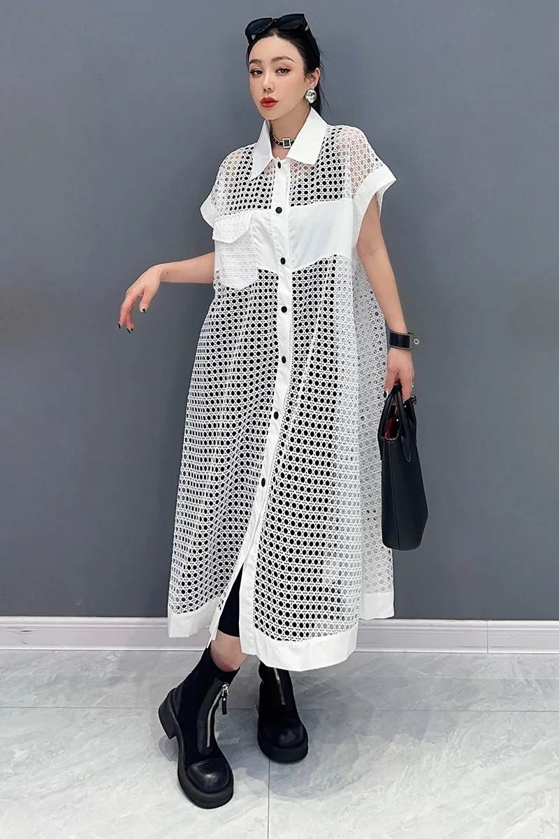 Vefadisa 2024 Summer New White Women Dress Hollow Mesh Short Sleeve Long Coat Turn-down Collar Raglan Sleeve Women Wear HLX207