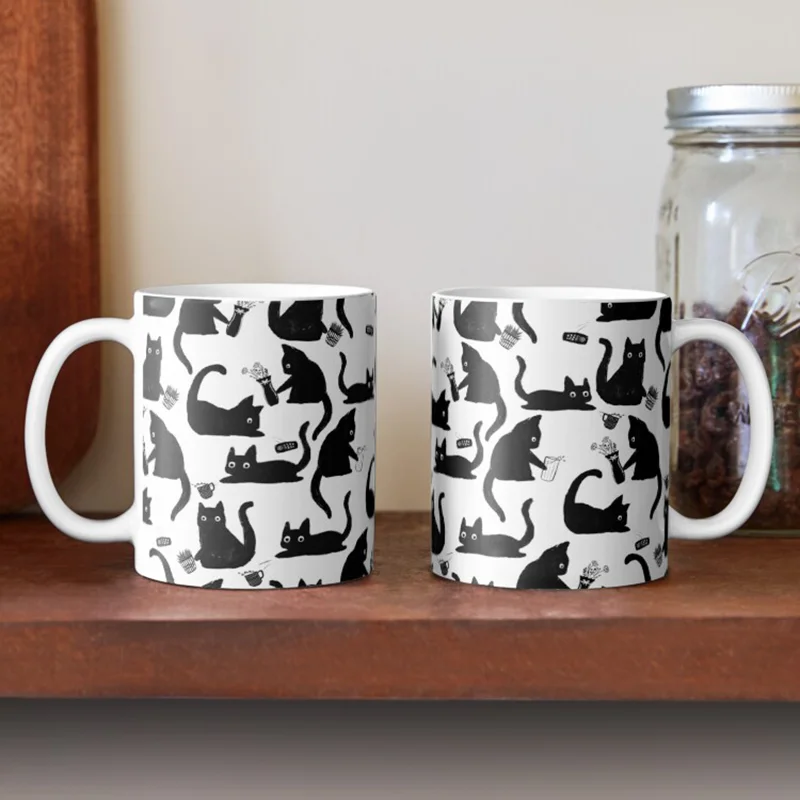 Funny Black Cat Collage Pattern Ceramic Mug Double Sided Print Porcelain Coffee Tea Cup Lovely Creative Gift for Cat Lovers