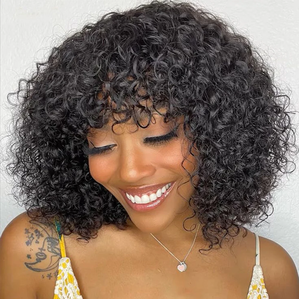 

Wear And Go Бесклеевые парики Короткий боб Вьющиеся человеческие волосы Парик с челкой 200 Высокая плотность Цветные парики без кружева спереди для чернокожих женщин