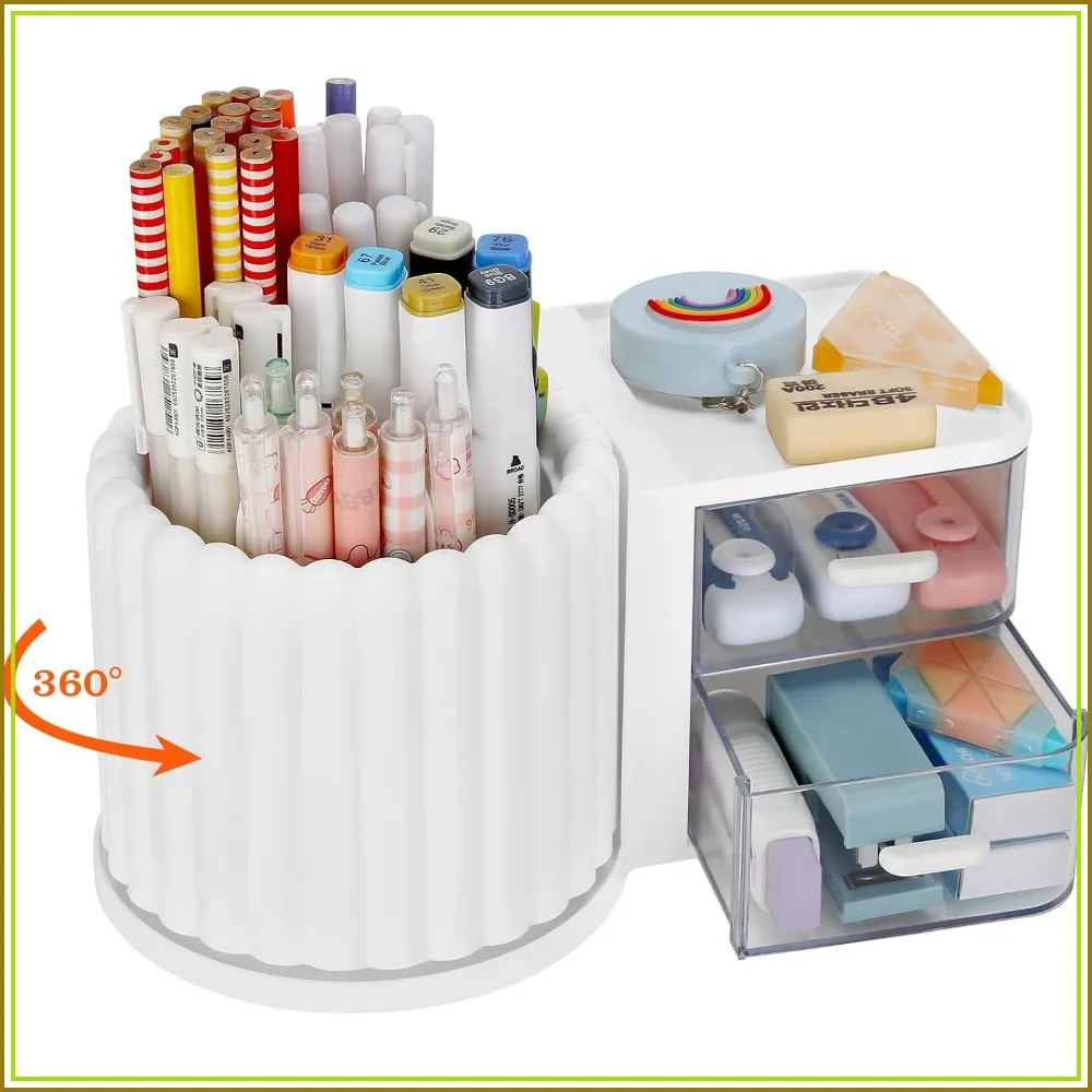 Rotating Desk Organizer with 2 Drawers, Pen Pencil Holder, White