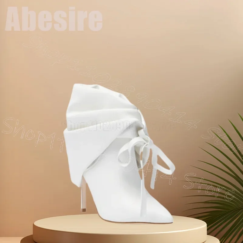 

White Pleated Design Strappy Ankle Boots Slip On Women Shoes Thin High Heels Pointed Toe Party Dating 2025 Zapatos Para Mujere