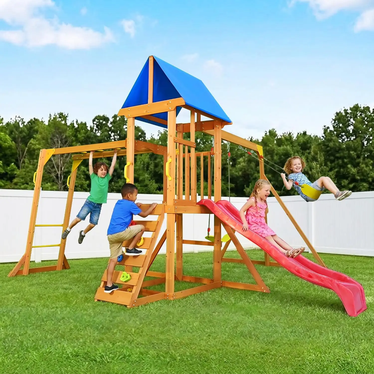 

Wooden Swing Sets for Backyard, Kids Outdoor Playground Set with Monkey Bars, Wave Slide, 2 Belt Swings, Climbing Ladder, Rock