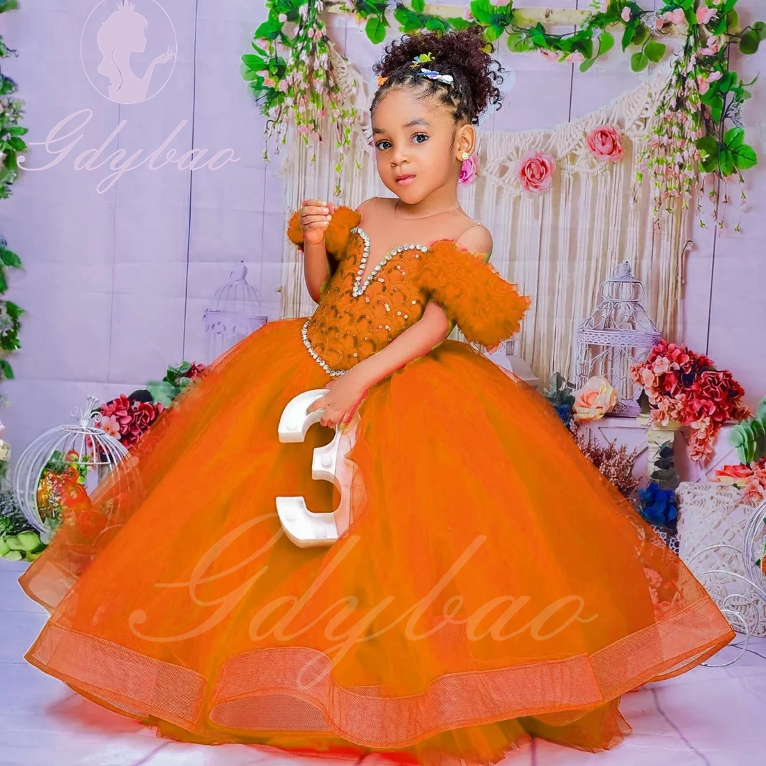 Vestido de niña de flores de tul naranja para boda hasta el suelo apliques hinchados princesa niños fiesta de cumpleaños vestido de baile de primera comunión